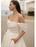 Off Shoulder Ivory Satin Corset Back Pleated Wedding Dress